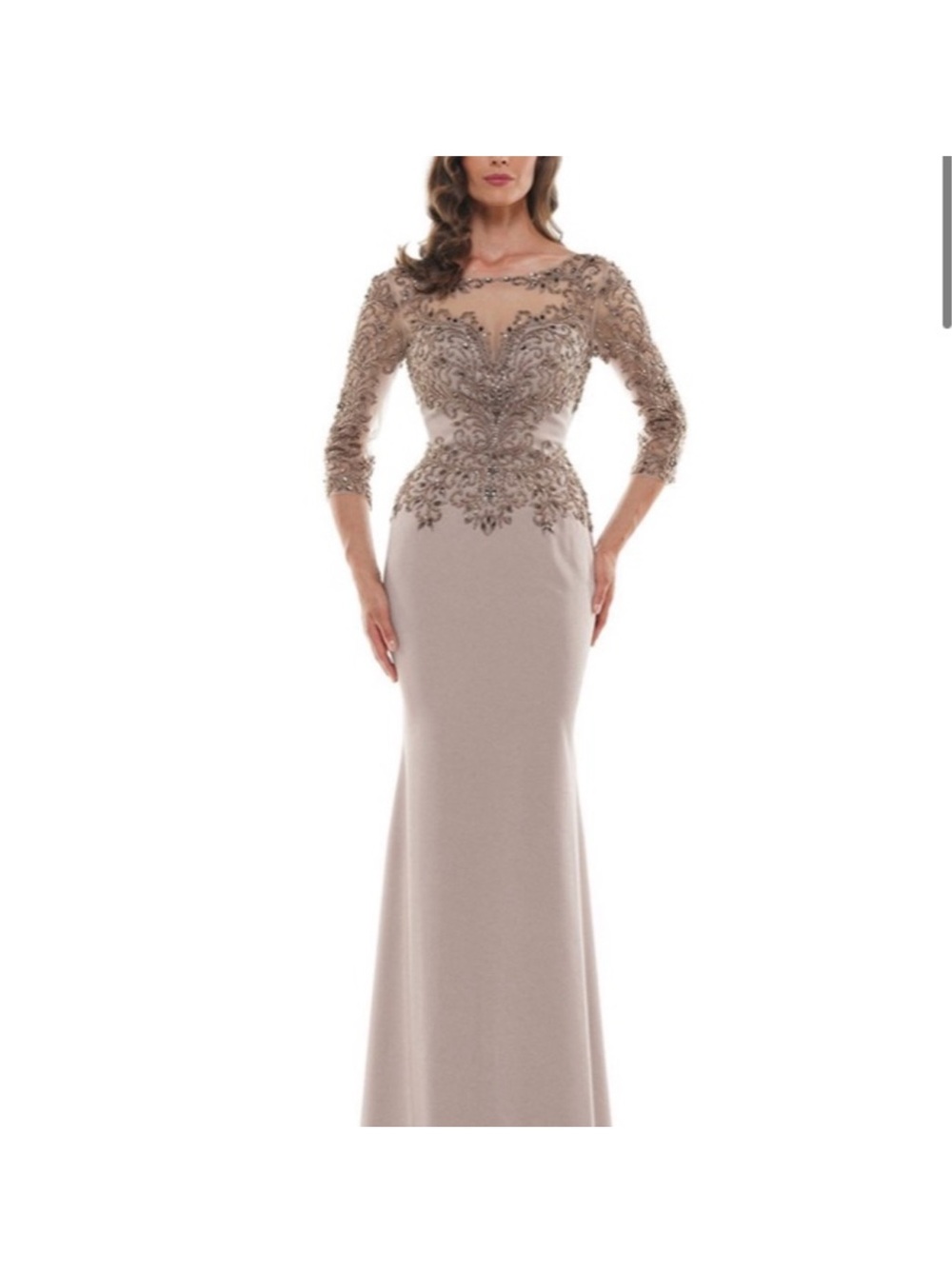 Marsoni Embroidered Taupe Long-Sleeve Evening Gown